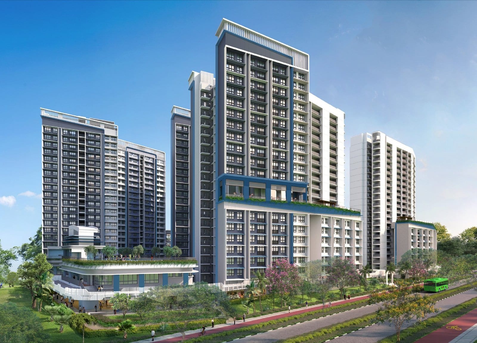 HDB's artist's impression of Bayshore Palms: blocks with a podium and roof garden along a road.