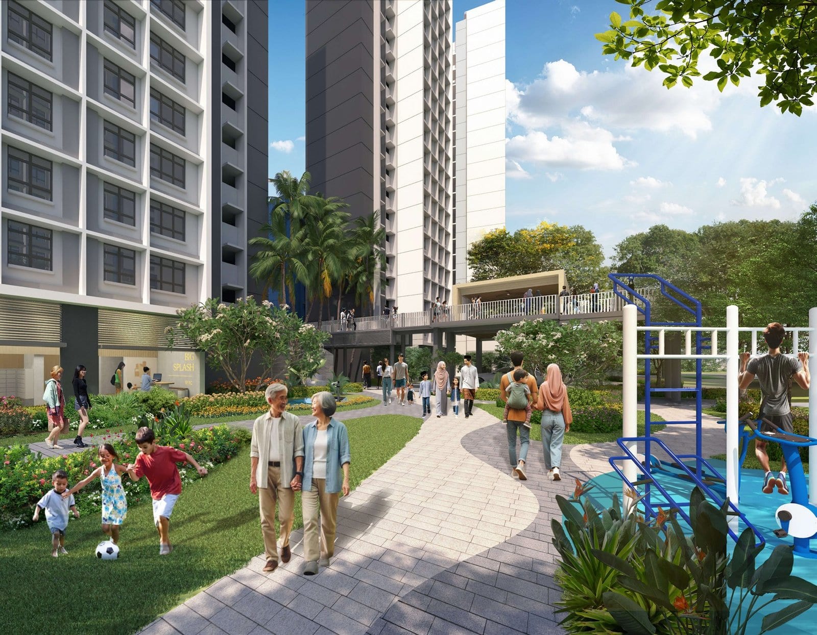 HDB's artist's impression of Bayshore Vista: a walkway and playground between the blocks.