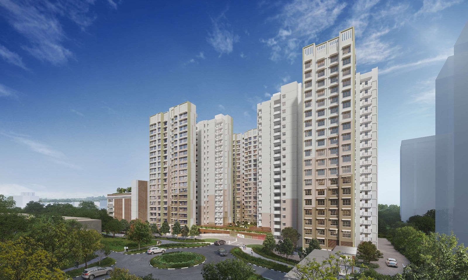 HDB's artist's impression of Central Trio @ AMK: the blocks around a landscaped area by the road.