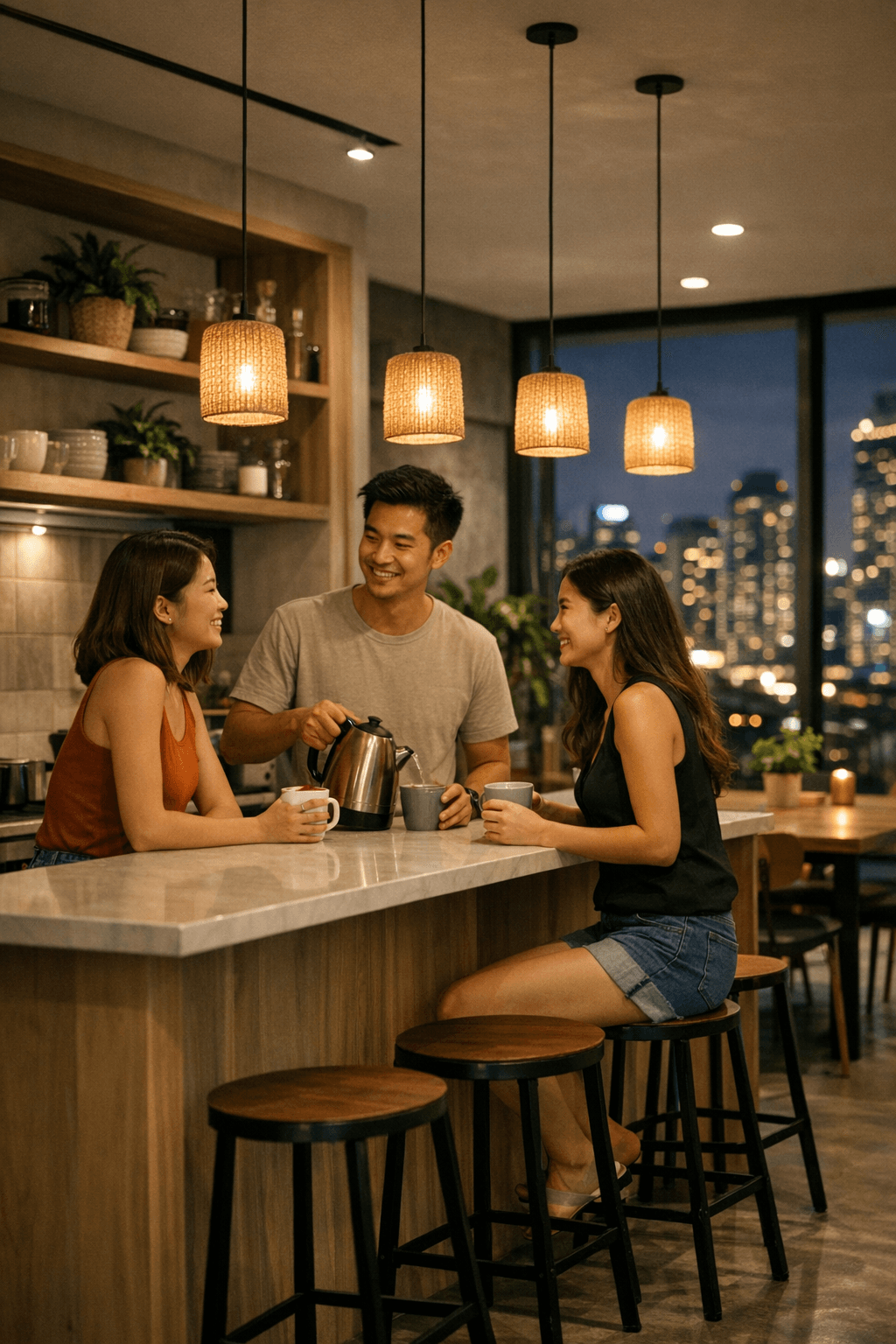Young adults talking in the shared kitchen and lounge of a modern Singapore co-living building in the evening