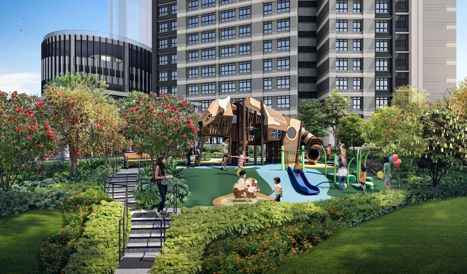 HDB's artist's impression of Crawford Heights: a landscaped garden and playground in front of the blocks.