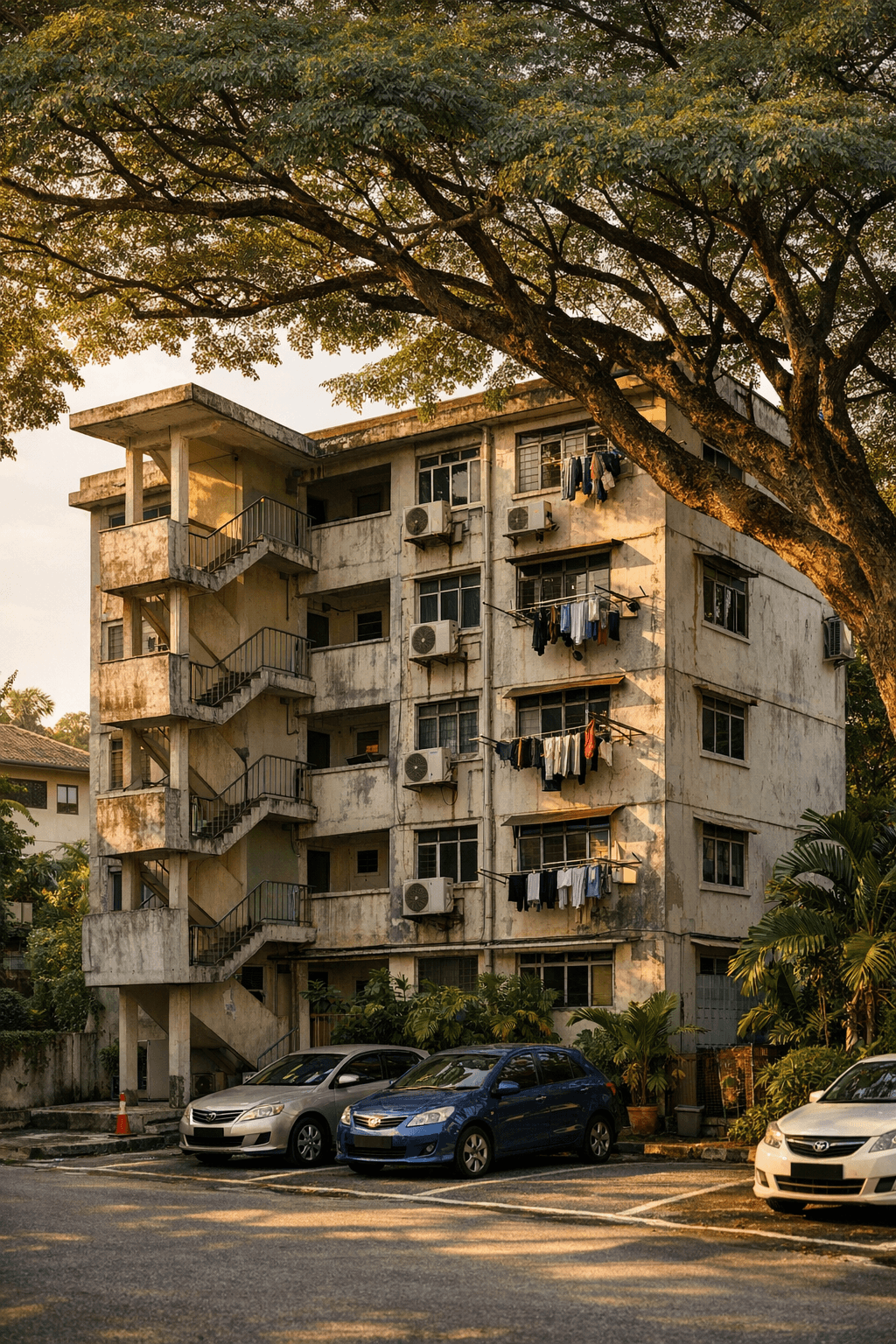 A small ageing four-storey walk-up apartment block in Singapore shaded by a mature rain tree in late afternoon light