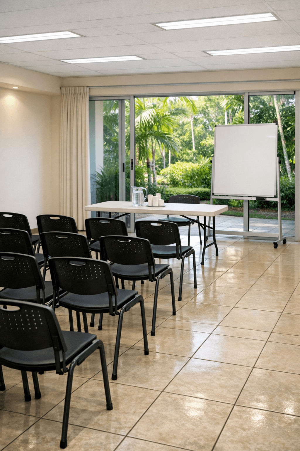 An empty condominium function room set up with rows of chairs for a residents general meeting