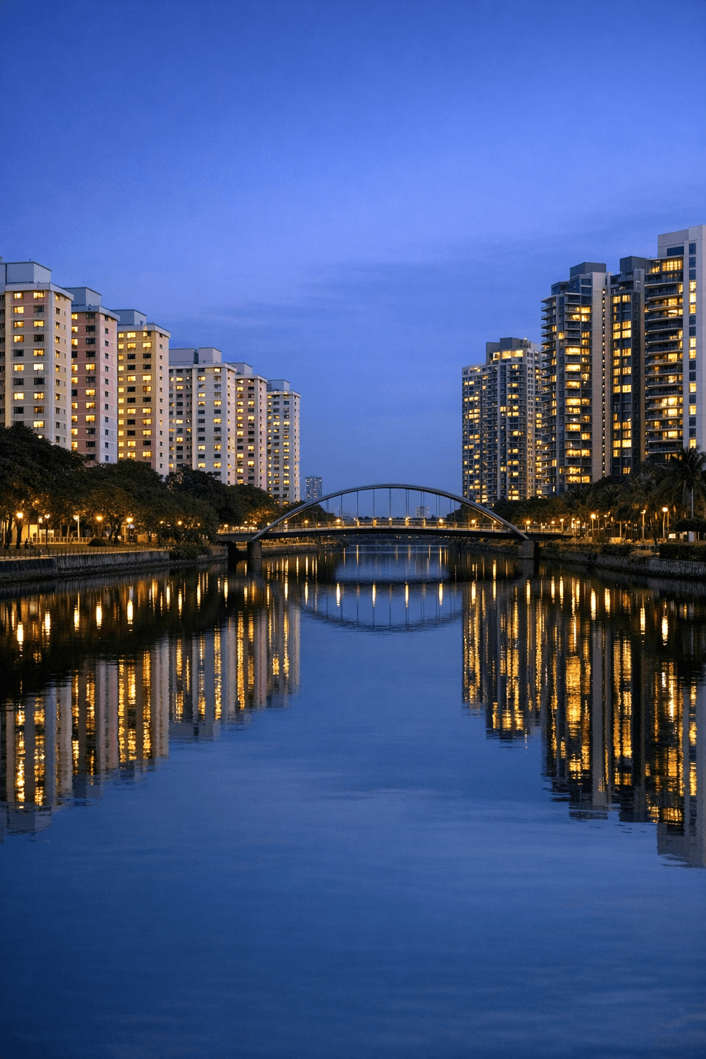 HDB blocks on one side of a Singapore canal and private condominium towers on the other at dusk