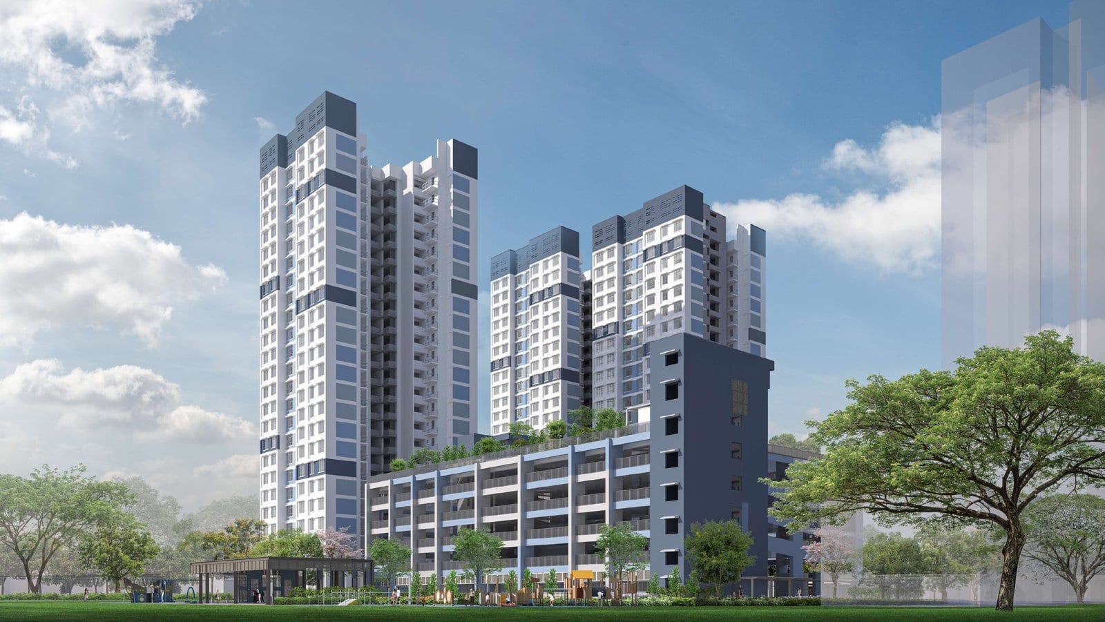 HDB's artist's impression of Kallang View: the blocks and a car park among trees.
