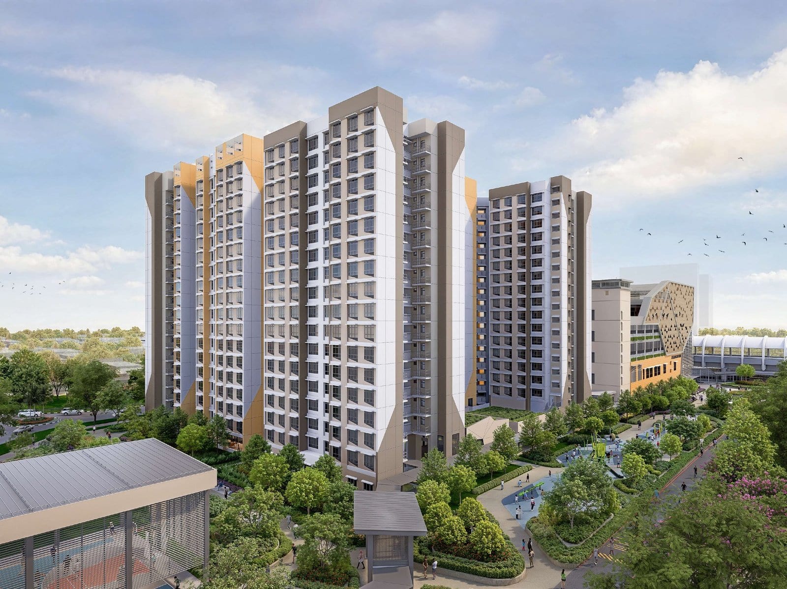 HDB's artist's impression of Kembangan Wave: a block beside a park and water feature.