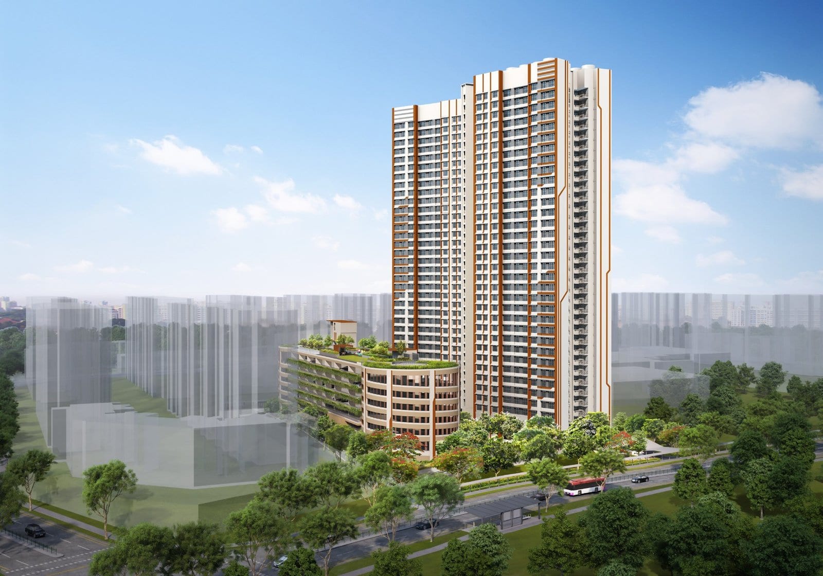 HDB's artist's impression of Marsiling Ridge: a tall block above low-rise buildings and greenery.