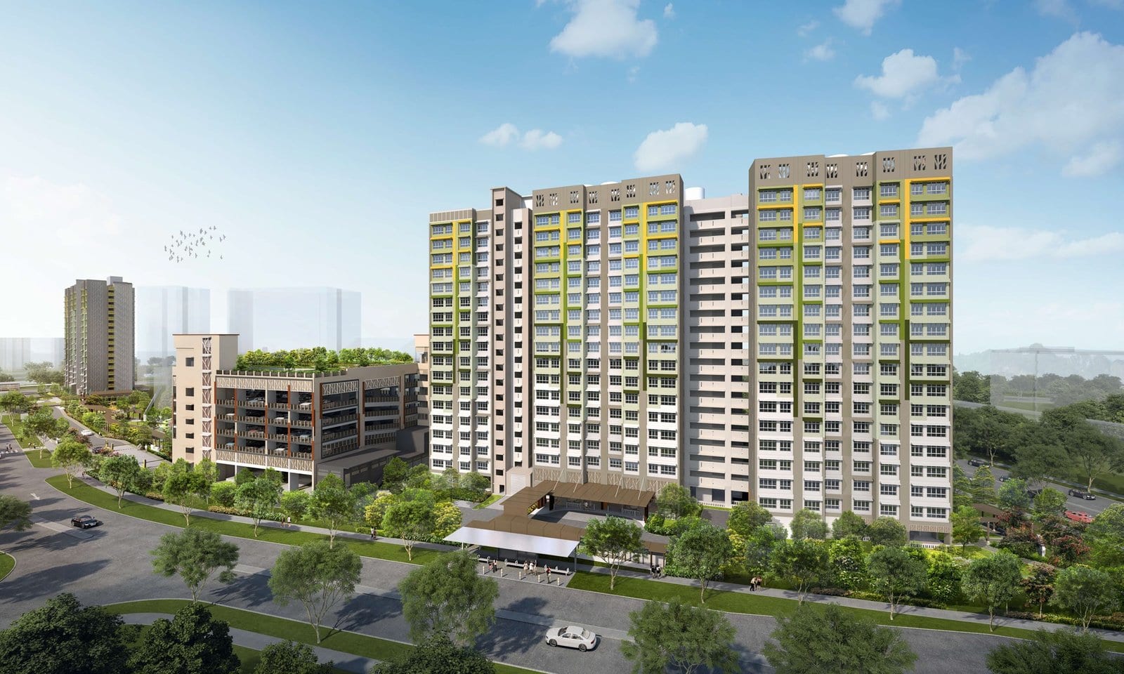 HDB's artist's impression of Merpati Alcove: the blocks and a car park along a road.