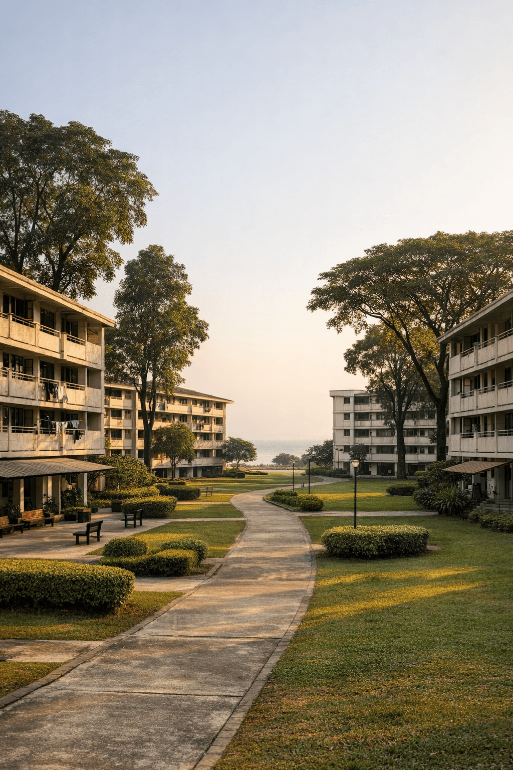 A large 1970s Singapore apartment estate of long low-rise blocks set among mature trees at golden hour