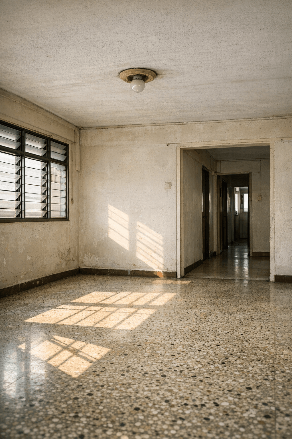 The empty living room of an older unrenovated HDB flat with terrazzo flooring and afternoon sun across the floor