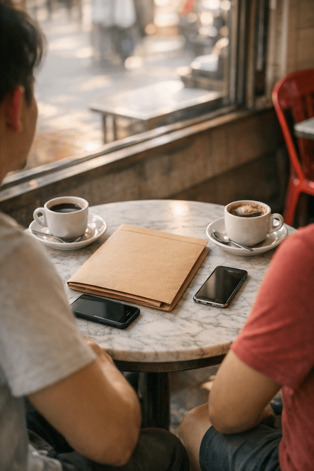 Two people seated across a coffee shop table with a document folder and phones between them, faces out of frame