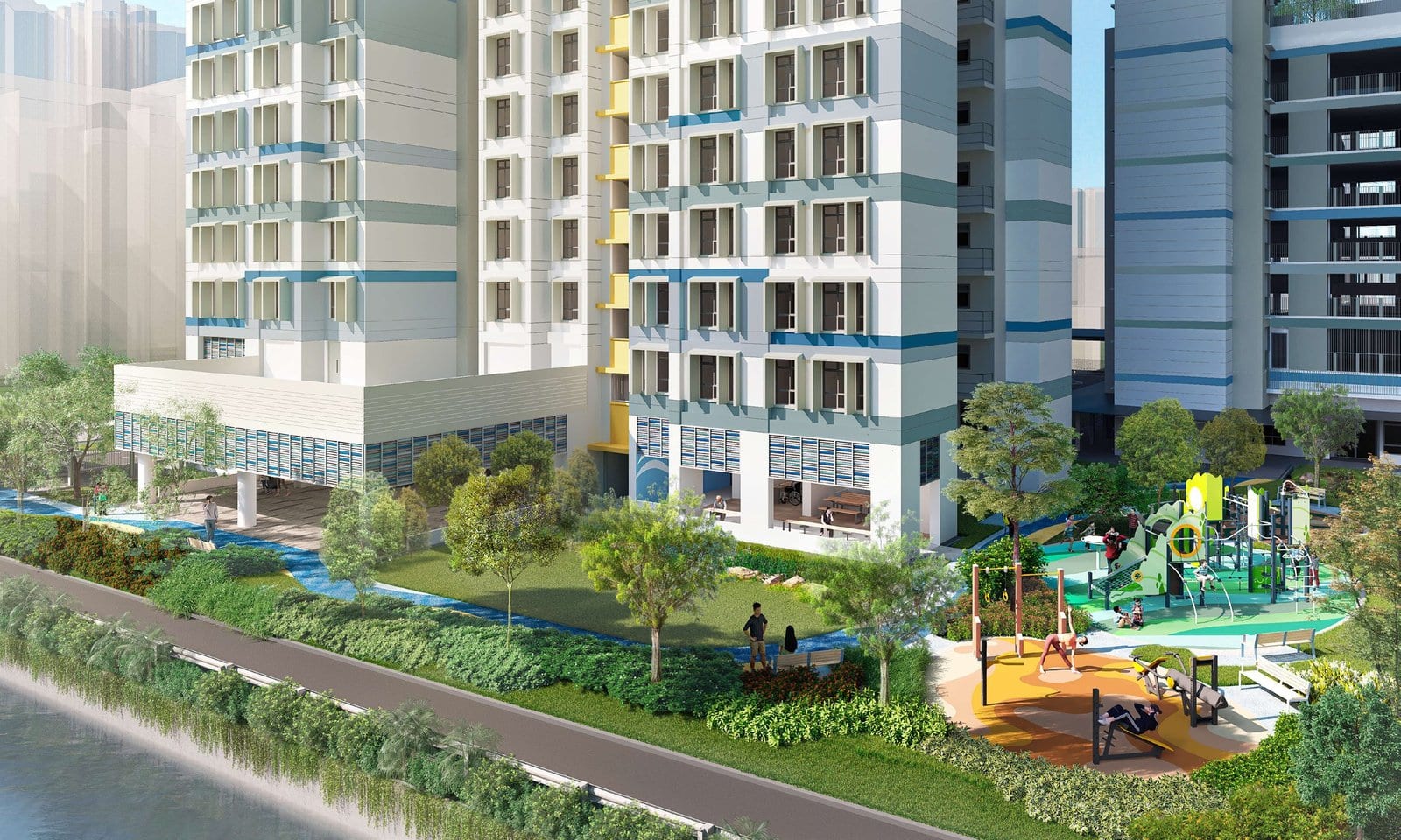 HDB's artist's impression of Towner Breeze: a garden and playground between the blocks, by the water.