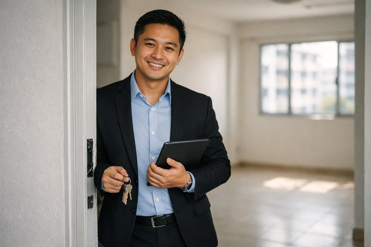 A Singapore property agent standing in the doorway of a bright HDB flat holding a tablet.